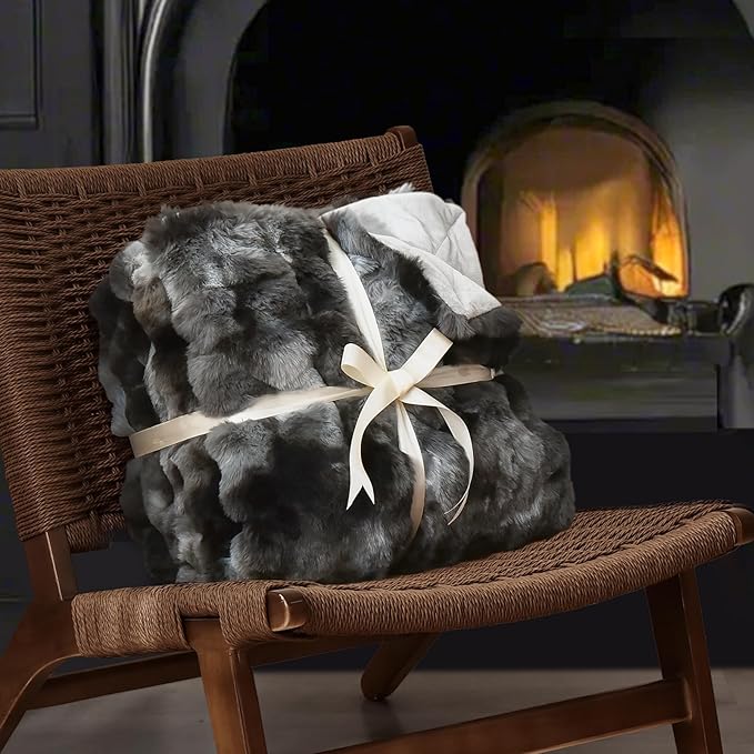 PHF Luxury Faux Rabbit Fur Throw Blanket, Ultra Soft Fluffy Plush Cozy Warm Bubble Blanket for Bed, Couch, Sofa Decorative, Thick Reversible Suitable for Fall & Winter, 50" x 60", Tie Dye Charcoal