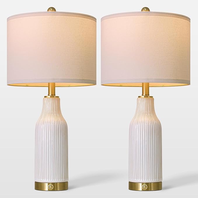 24.5" Modern 3-Way Dimmable Touch Control with 5FT Cord & USB A+C Ceramic Lamps Set of 2 Table Lamp for Living Room Bedroom Farmhouse Nightstand Bedside White