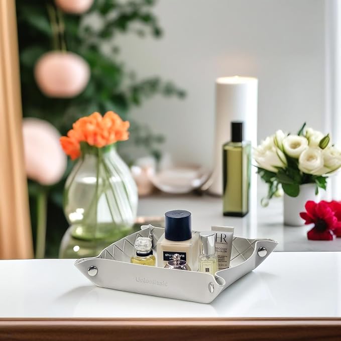 UnionBasic Small Valet Tray, Jewelry Tray for Rings Watches Earrings, Entryway Catchall Caddy for Coins Keys Change, Nightstand Bedside Valet Holder, Trays for Electronic Gadgets, Woven Light Gray