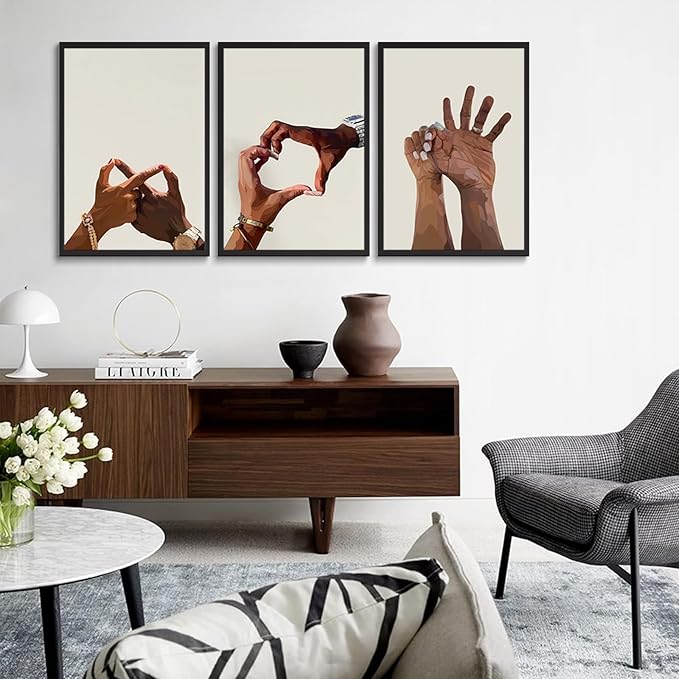 3Pcs Black Couple Wall Art Holding Hands Heart Love Wall Decor Afro Women Men Canvas Poster Prints for Living Room Bedroom Bathroom Decorations Unframed (16x24in)