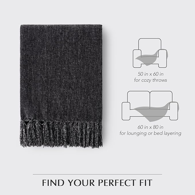 EverGrace Soft Chenille Throw Blanket for Couch, Cozy Plush Fuzzy Decorative Chenille Knit Throw Blanket with Tassels, Lightweight Blanket and Throws for Bed Sofa Gift Home Decor, Iron Black 60"x80"