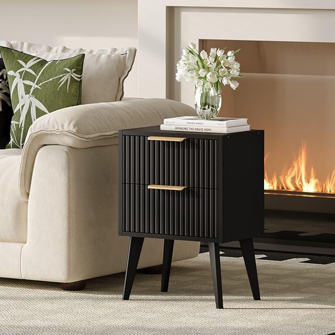 Small Black Night Stand,Mid Century Modern Bedside Table, Nightstand with 2 Drawers,Fluted Side Table with Wood Legs, End Table for Bedroom,Small Space,Black 11.8" D x 16" W x 22.4" H CTG55BK
