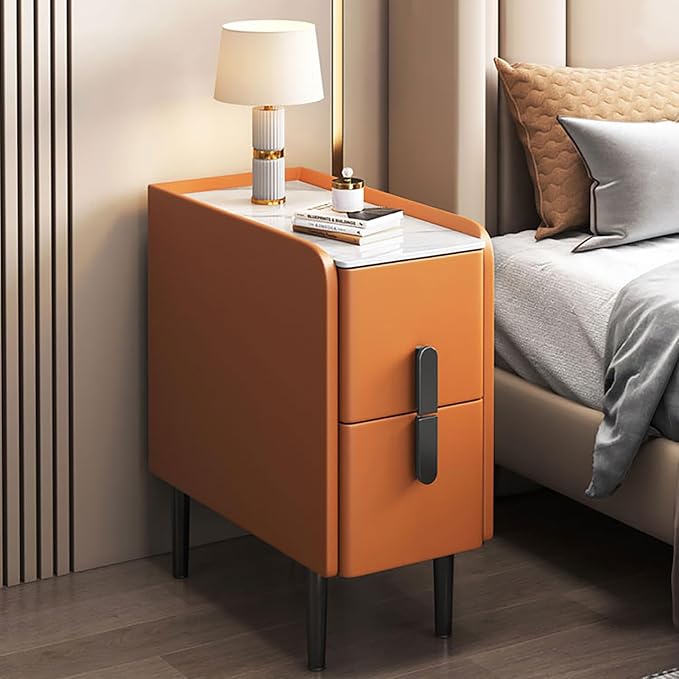 Modern Pu Leather Nightstand with Marble Tabletop, Narrow Bedside Table Luxury Side End Table with 2 Drawers & Metal Legs, Storage Cabinet for Bedrooms(40x40x50cm(16x16x20inch), Orange)