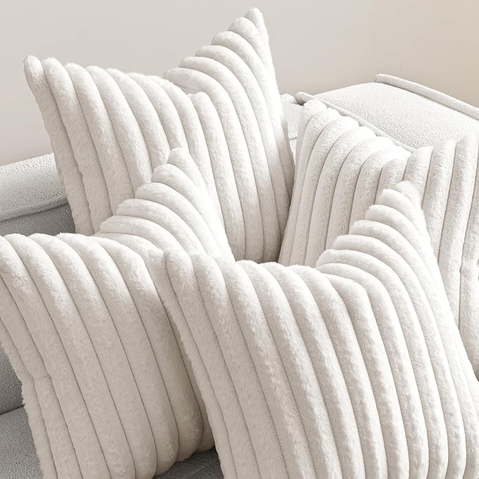 MIULEE Faux Fur Plush Decorative Throw Pillow Covers 18x18 Set of 4, Spring Modern Soft Fuzzy Striped Cushion Covers for Spring Sofa Couch Bed Living Room Cozy Home Decor,Pure White
