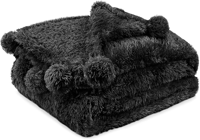 Pavilia Sherpa Throw Blanket - Warm Plush Fuzzy Pom Pom Blanket for Couch, Bed, Twin Size, Black - 60x80