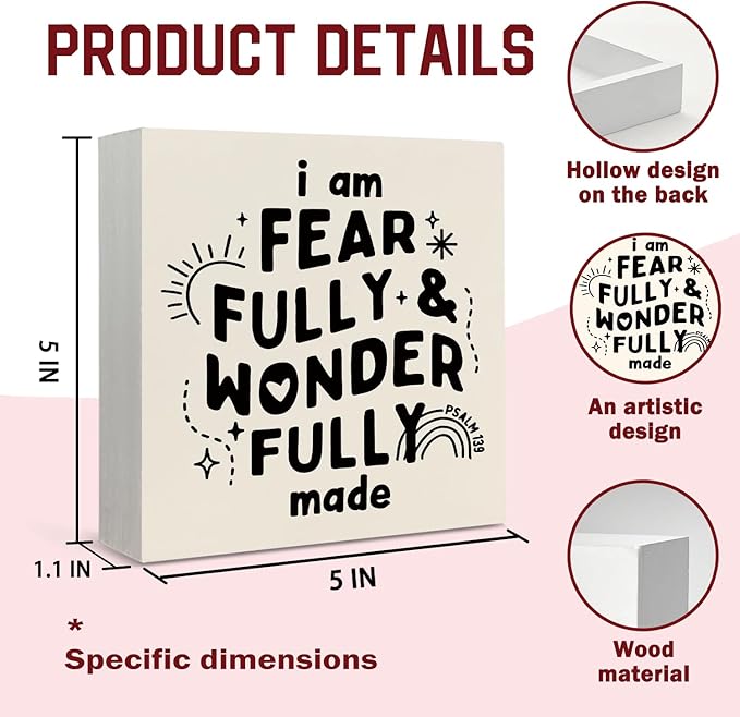 Lacama Christian Nursery Wooden Box Sign, I Am Fearfully and Wonderfully Made Bible Verse Decorations Wood Block Signs, Inspirational Religious Wood Sign for Kids Room Desk Shelf Wall Decor 5x5 Inches