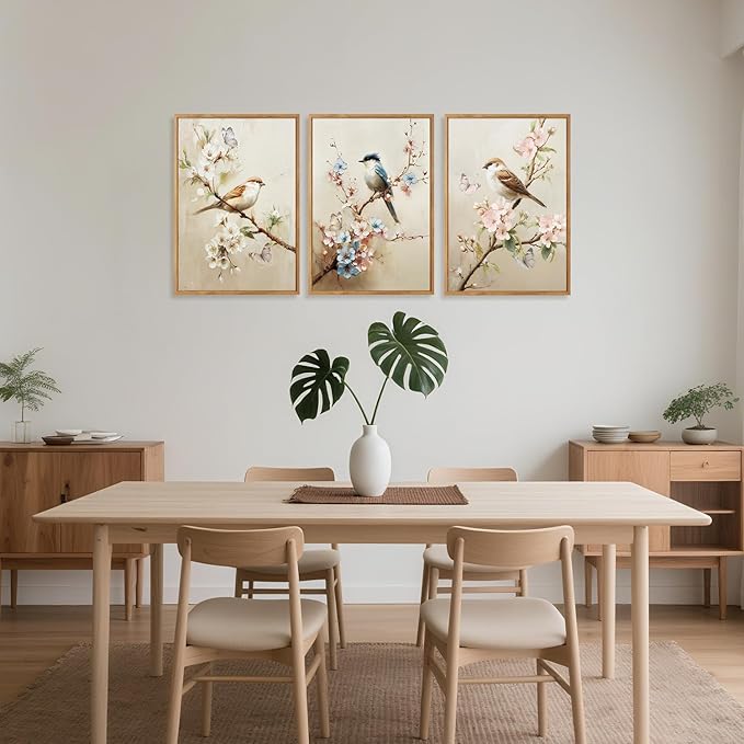 CHDITB Bird and Blossom Framed Canvas Wall Art Set Of 3, Vintage Floral Wall Decor, Retro Nature Avian Floral Wall Painting, Neutral Botanical Birds Art Prints for Dining Room Bedroom Decor 12”x16”