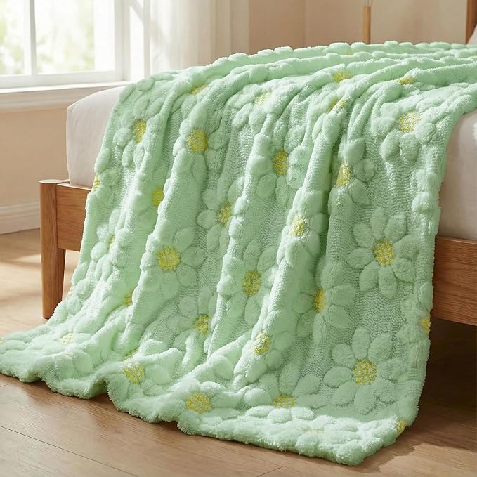 Horaldaily Spring Summer Blanket Throw, Green Sunflower Soft Fuzzy Plush Faux Fur Cozy Blankets for Couch Sofa Bed Lounging, Ideal Gifts for Kids Adults Wife Self, 50x60