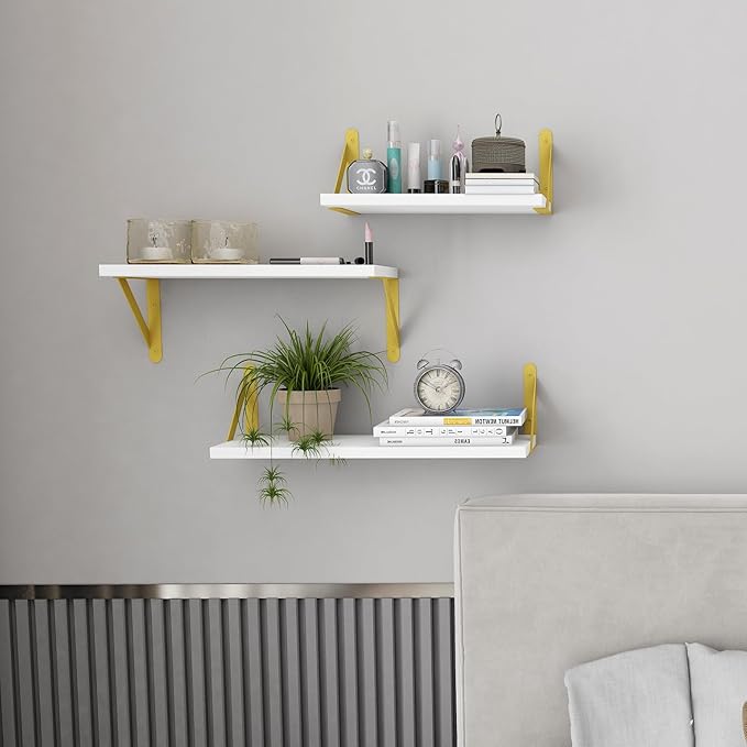 YGEOMER Floating Shelves for Wall, Different Sizes White Wall Shelves for Living Room, Bathroom, Bedroom, Kitchen, Home Decor (Set of 4)