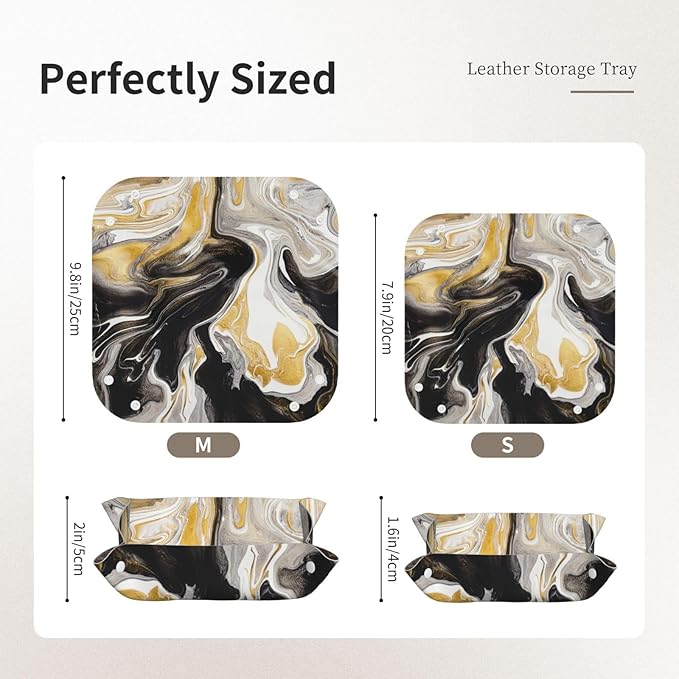 Black and Gold Swirl liquid ink marble Leather Vanity Tray Desktop Storage Organizer Decor Catchall Perfume Bathroom Valet Tray Nightstand Caddy Holder for Keys Phone Wallet Coin Jewelry, S