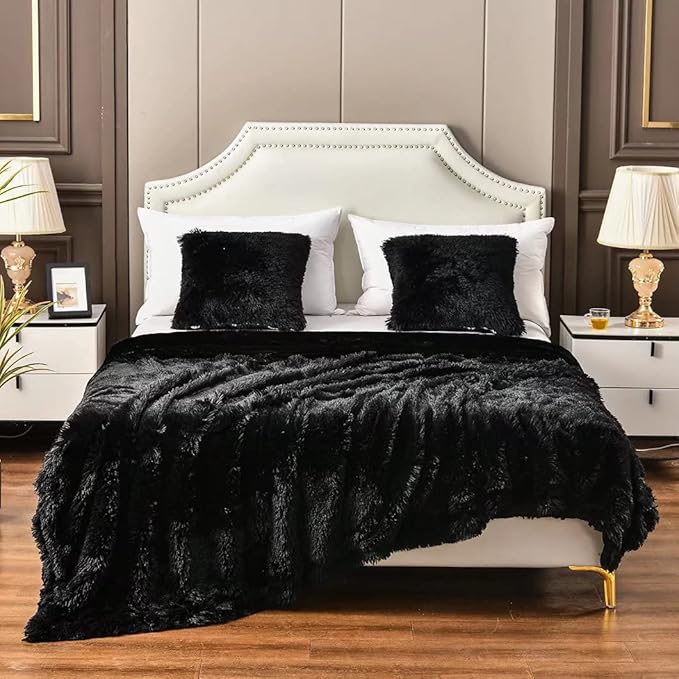YUSOKI Black King Faux Fur Winter Blanket,2 Layers,90"x104",Without Pillows Big Soft Plush Fuzzy Large Warm Fluffy Blanket for Bed