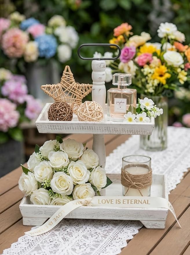 Hanobe Tiered Tray for Table Decor: Spring 2 Tier Decorative Tray Stand for Coffee Bar - Large Farmhouse White Display Stands for Holiday - Wood for Kitchen Counter Decorations