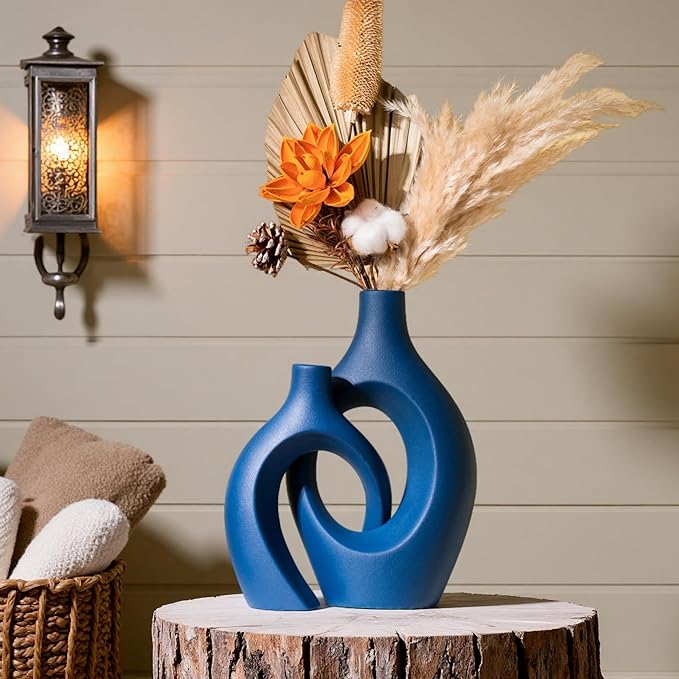Liotww Snuggle Hollow Ceramic Vase Set of 2, 11 inch Hug Donut Modern Nordic Boho Style Vases for Home Decor Anthropologie Aesthetic Living Room Shelf Entryway Table Decorative (Navy Blue)