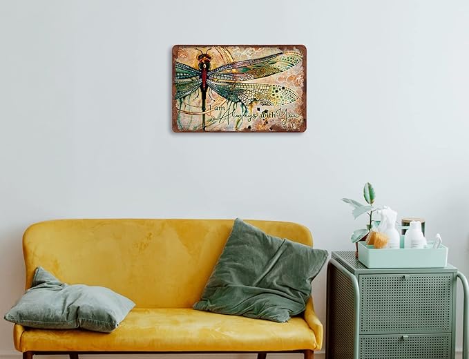 Creative Tin Sign Dragonfly I Am Always With You Hippie Boho Wall Art Funny Novelty Metal Tin Signs Home Garden Bar Hotel Office Bedroom Living Room Cafes Wall Decor 8x12 Inch