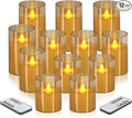 wemarry Flameless Candles 4" 5" 6" Acrylic Glass Pillars 3" Diameter Battery Operated Flickering Candles Include 8-Key Remote with Timer Function 400+ Hours (Amber, Warm Light 12 Pack)