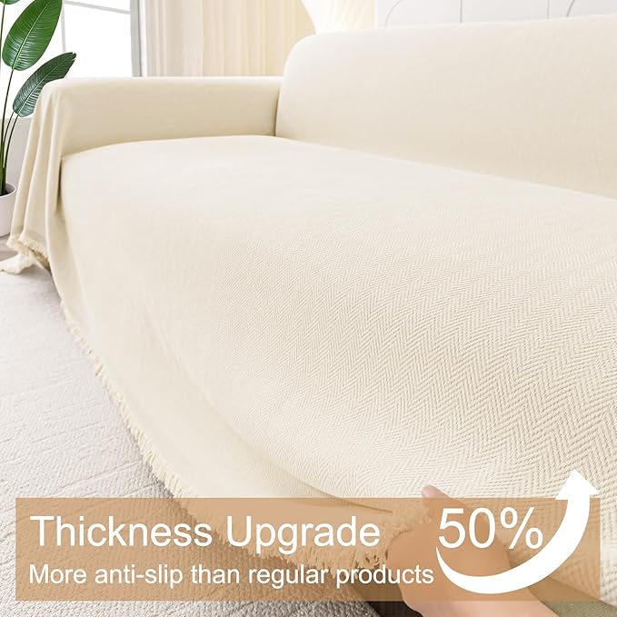 Smiry Couch Cover for Dogs, Washable Chenille Sofa Covers for 3 Cushion Couch, Soft Sofa Slipcover for Pets, Thick Sectional Furniture Protector with Tassels (Beige, 71x91 Inch)