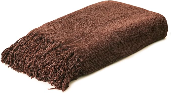 Rust Brown Chenille Throw Blanket for Couch Bed，Soft Cozy Throw Blanket with Handmade Fringe, Decorative Blanket for Sofa Chair Living Room for Gift, (Rust Brown)
