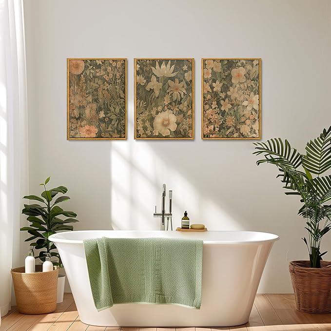 Wodkwq 3 Piece Vintage Floral Wall Art Framed,Neutral Wildflower Wall Art,Mid Century Modern Botanical Prints,Retro Plant Art,For Bedroom,Living Room,Office 16x24in