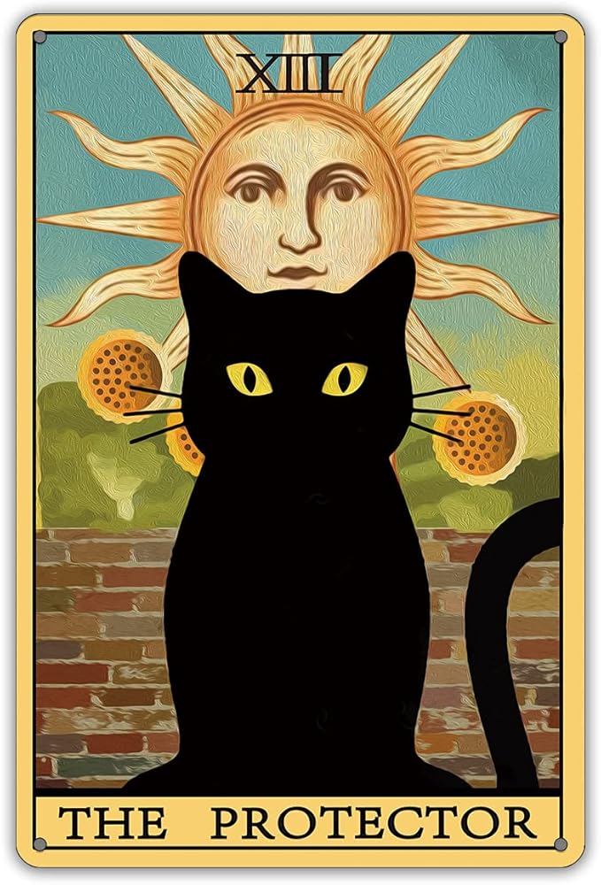 QIONGQI The Protector Tarot Cat Metal Tin Sign Wall Decor Farmhouse Rustic Black Cat Tarot Signs for Cat Lovers Home Decor Gifts