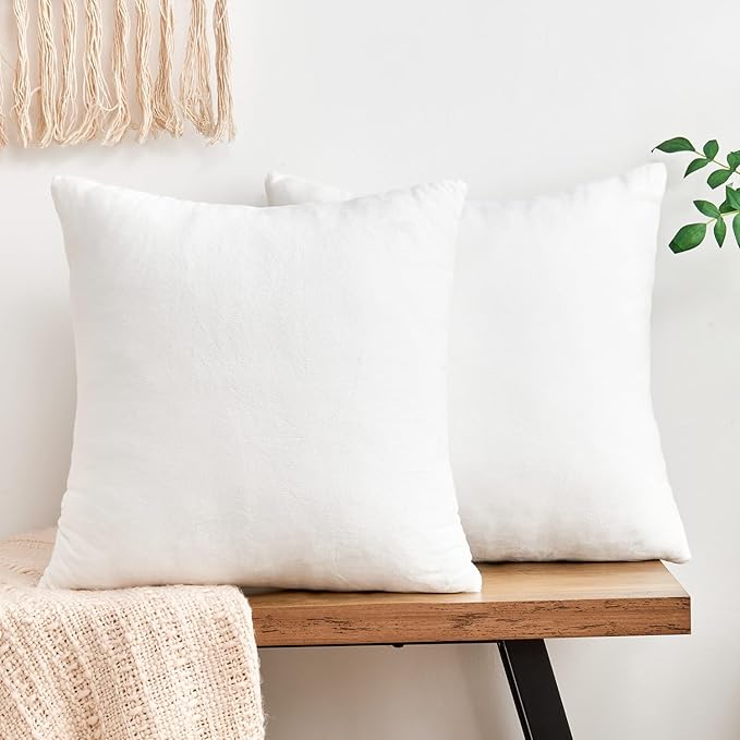 Throw Pillow Covers White Decorative Velvet Set of 2 16x16 Inch Pillow Covers, Soft Pillow Covers for Couch Sofa Bed Living Room, Farmhouse Neutral Home Boho Decor, Square Accent Cushion Cases