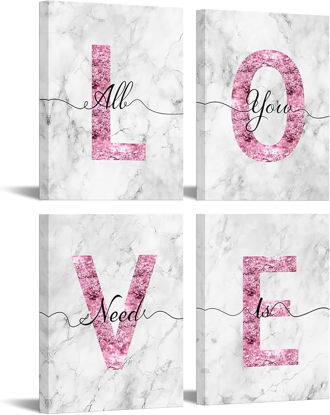 sechars Glam Pink Canvas Wall Art All You Need is Love Sign Decor Fashion Glitter Marble Love Quotes for Girl Women Bedroom Bathroom Valentine's Day Gifts (White)