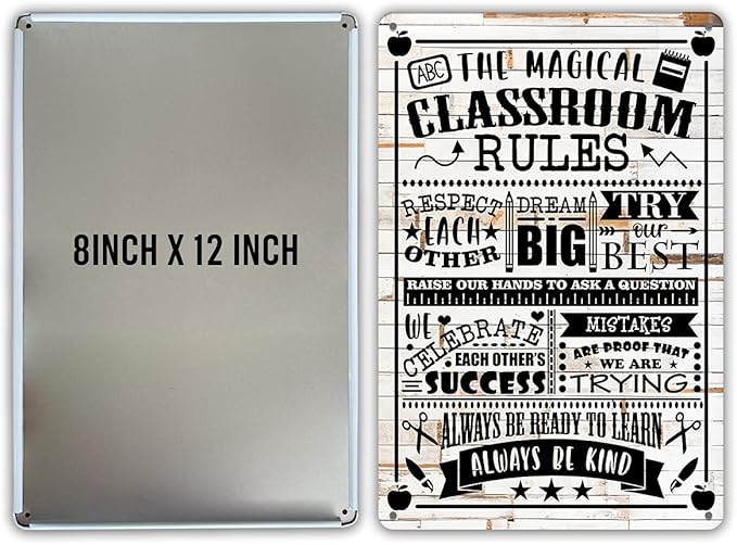 QIONGQI Funny classroom Rules Metal Tin Sign Wall Decor Rustic Farmhouse Classroom Sign Decor Gifts(Wooden Style)