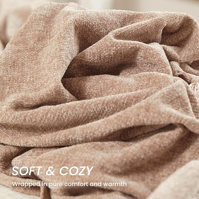 Light Taupe Chenille Throw Blanket for Couch Bed，Soft Cozy Throw Blanket with Handmade Fringe, Decorative Blanket for Sofa Chair Living Room for Gift (Light Taupe,60 x 80)