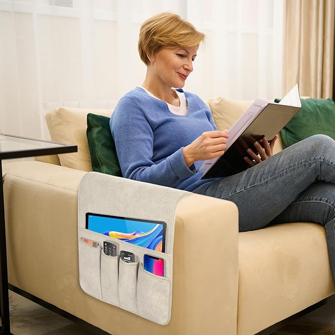 Couch Organizer Remote Control Holder Armchair Caddy, Anti Slip Corduroy Tv Remote Holder Couch Caddy with 5 Pockets for Storage Couch Accessories Bedside Organizer Senior Citizen Gifts