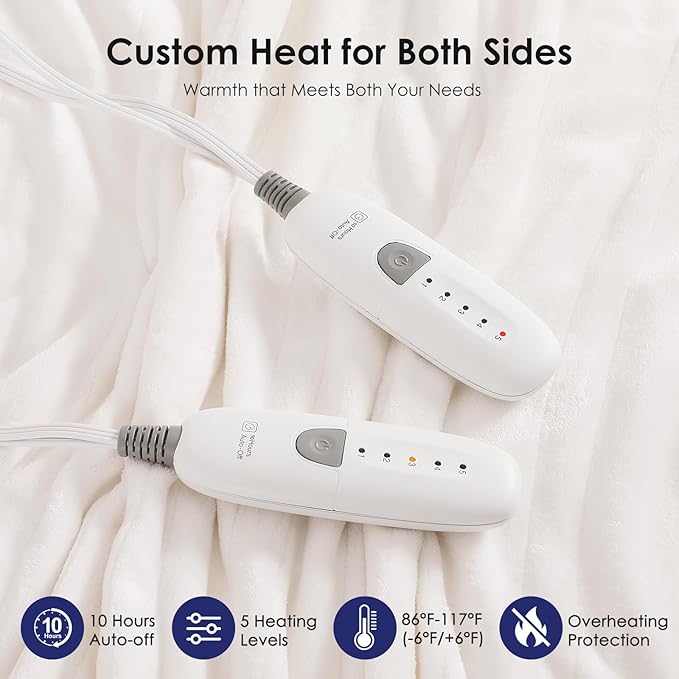 Heated Blanket King Size Electric Blanket 100''X90'' - Fast Heating Blanket Ultra Soft Flannel, Dual Controllers with 5 Heat Levels & 10 Hrs Timer, Machine Washable King Heated Blanket, White