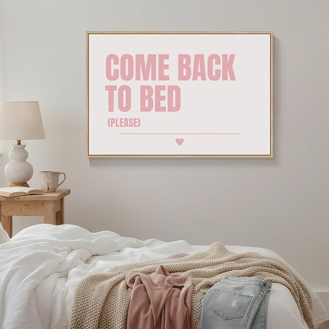 Framed Canvas Wall Art for Bedroom Decor, Pink and White Modern Minimalist Artwork for Walls, Large Come Back to Bed Typography Pictures, Art Print for Bedroom Couples Room Decor Above Bed, 36x24 Inch