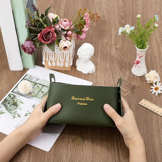 Foldable Storage Basket Bin PU Leather Desktop Organizer Box Green Small Catchall Basket Rectangle Tray Double Handles for Entryway Bedside Dresser End Table Cosmetic Jewelry Key Wallet