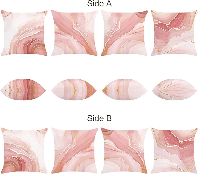 Bonhause Pink Marble Throw Pillow Covers 18x18 Inch Two-Sided Pink Gold Abstract Art Modern Decorative Pillows Case Soft Velvet Outdoor Cushion Covers for Couch Sofa Bed Home Decor Set of 4