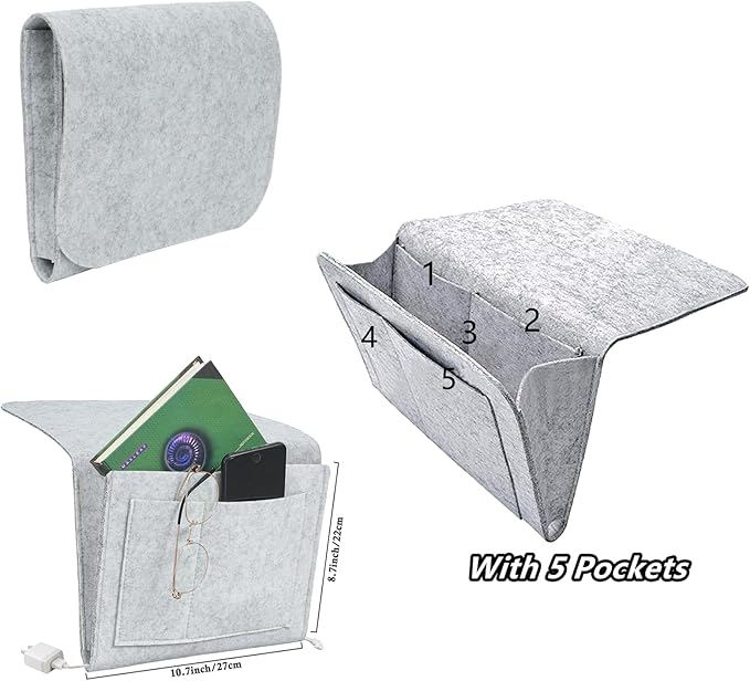 Felt Bedside Caddy,Bed Side Pocket Storage Organizer Bag with 5 Pockets and Charging Hole for Home Bedroom, Living Room (2PCS/Grey)