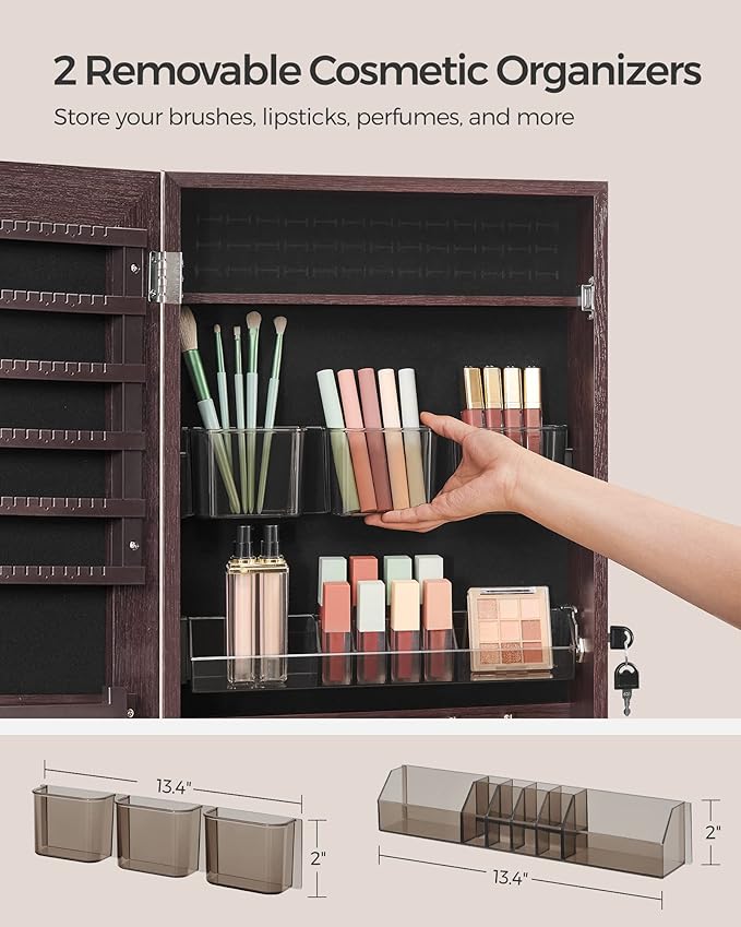 SONGMICS Jewelry Cabinet Armoire, Lockable Wall-Mounted Organizer Unit with 2 Plastic Cosmetic Storage Trays, Full-Length Frameless Mirror, Brown UJJC001K01