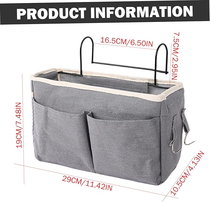 Bedside Storage Organizer, 11x4x7.5 Large Capacity Cotton and Linen Bedside Caddy with Pockets & Hooks, Hanging Storage Bag for Headboards/Bunk Bed, Caddy