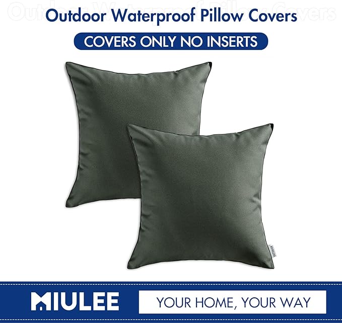 MIULEE Pack of 2 Decorative Outdoor Waterproof Pillow Covers Square Garden Cushion Sham Throw Pillowcase Shell for Patio Tent Couch 18x18 Inch Dark Gray