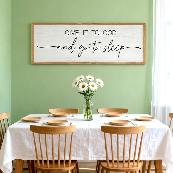 Give It to God and Go to Sleep Decorative Rustic Sign & Plaque Framed Wall Art for Couples, 40''×15'' Vintage Cottagecore Wooden Horizontal Wall Decor Above Bed, Farmhouse Wedding Gift for Bedroom