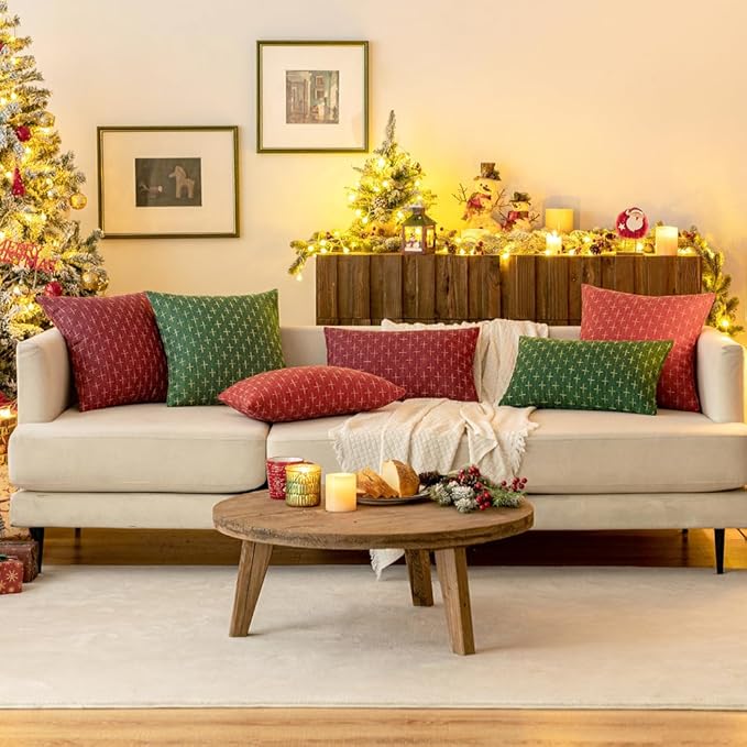 MIULEE Pack of 2 Christmas Decorative Burlap Linen Throw Pillow Covers Modern Farmhouse Pillowcase Rustic Woven Textured Cushion Cover for Sofa Couch Bed 18x18 Inch Christmas Green