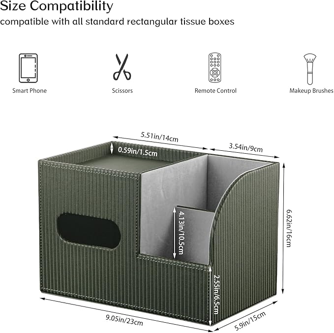 Fanousy Modern PU Leather Cube Tissue Box Cover with Storage Tray, Multifunctional Remote Control Holder & Facial Tissue Dispenser Organizer for Nightstand, Bathroom, Bedroom, Office & Home Decor