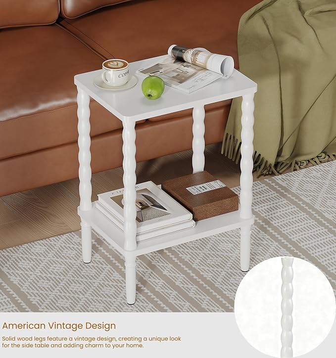 Small Narrow Side Table, Vintage End Table - Skinny Bedside Nightstand for Small Spaces, Couch/Recliner Accent Table for Bedroom Living Room Nursery, No-Tool Assembly (White)