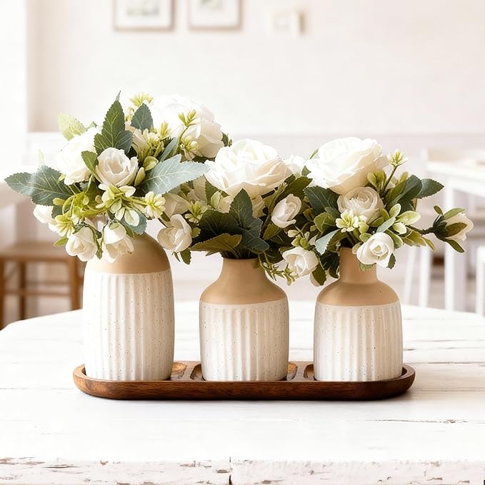 Set of 3 Artificial Flowers in Ceramic Vases with Wood Tray - Modern Minimalist Nordic Boho Farmhouse Dining Table Centerpiece Decor for Kitchen Island, Living Room Coffee Table,Tabletop(Beige White)