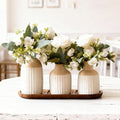 Set of 3 Artificial Flowers in Ceramic Vases with Wood Tray - Modern Minimalist Nordic Boho Farmhouse Dining Table Centerpiece Decor for Kitchen Island, Living Room Coffee Table,Tabletop(Beige White)