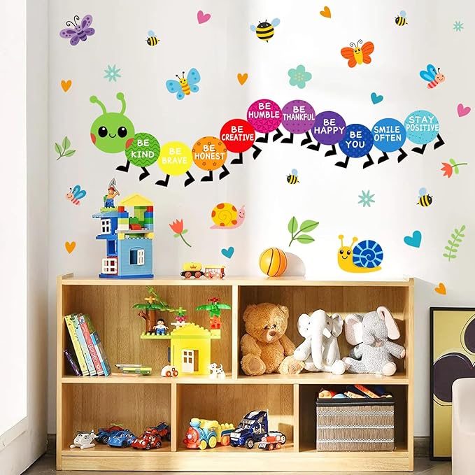 HLNIUC Colorful Kids Playroom Wall Decals Removable Inspirational Wall Stickers Cute Caterpillar Nursery Walls Decal Be Kind Be Happy Quotes Art Murals Decal for Girls Boys Bedroom Daycare Decor
