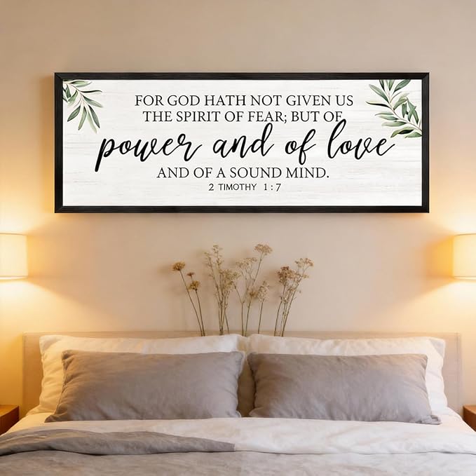 For God Hath Not Given Us the Spirit of Fear Wall Art – 40x15 Inch Framed Bible Verse Decor, 2 Timothy 1:7 Christian Wall Decor, Large Scripture Wall Art for Living Room Bedroom, Black
