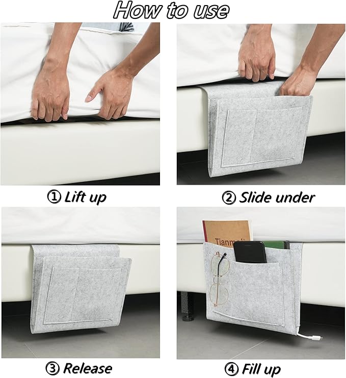 Felt Bedside Caddy,Bed Side Pocket Storage Organizer Bag with 5 Pockets and Charging Hole for Home Bedroom, Living Room (1PCS/Grey)