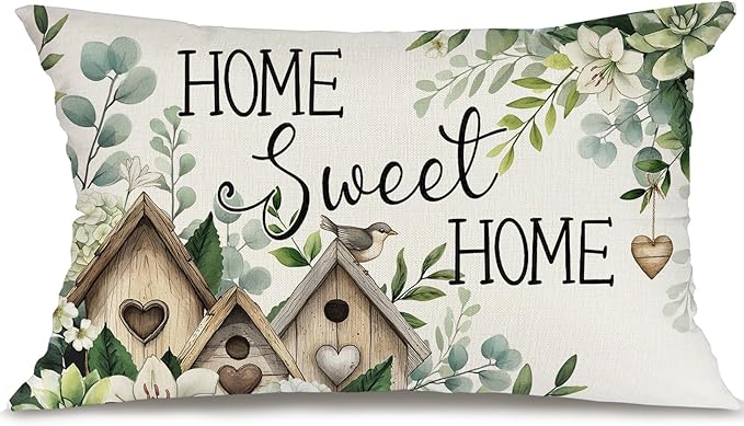 GEEORY Spring Home Sweet Home Pillow Cover 12x20 Inch, Farmhouse Birdhouse Eucalyptus Decor Throw Pillow Case for Sofa, Bedroom, Living Room