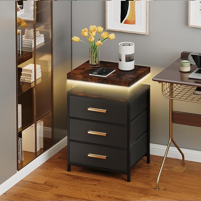 Night Stand with APP Control LED Lights, 3 Fabric Storage Drawers with PU Finish, Floating Top Design, Bedside Table with Open Shelf, End Table for Bedroom, Living Room, Office (Black)