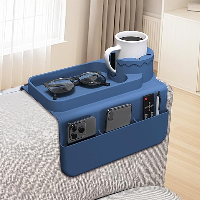 Couch Cup Holder Tray, Silicone Sofa Armrest organizer with Assesory Side Pockets for storage Remote, Cell-phone,Tablet or Snack, Anti-Spill and Anti-Slip Couch Drink Holder Caddy(Blue)