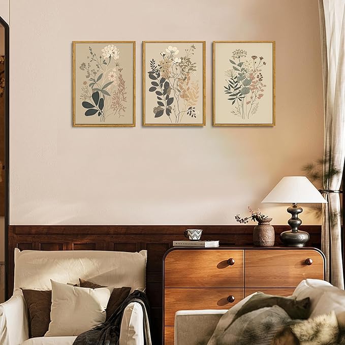 Wodkwq 3 Piece Vintage Floral Canvas Wall Art Framed,Large Wildflower Wall Art,Neutral Farmhouse Botanical Wall Painting,Modern Floral Art Prints For Living Room,Bedroom,Office 16x24in
