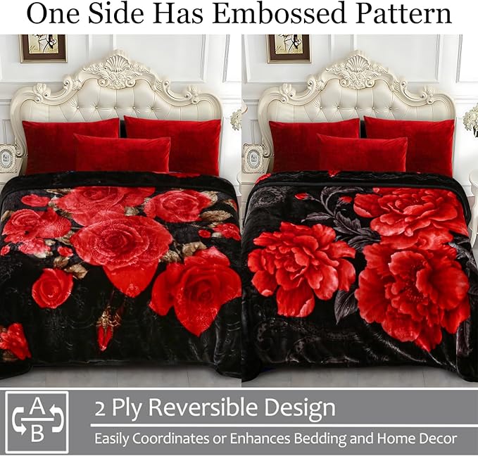JYK Soft Blanket Korean Mink Blanket, 5 LB Fleece Blanket Queen 75'' x 87'' - 2 Ply Reversible 520GSM Super Soft Plush, Medium Thick, Warm Bed Blanket for Autumn Winter - Peony/Rose